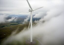 A wind turbine on a cloudy day near Bristol, seen from the top 