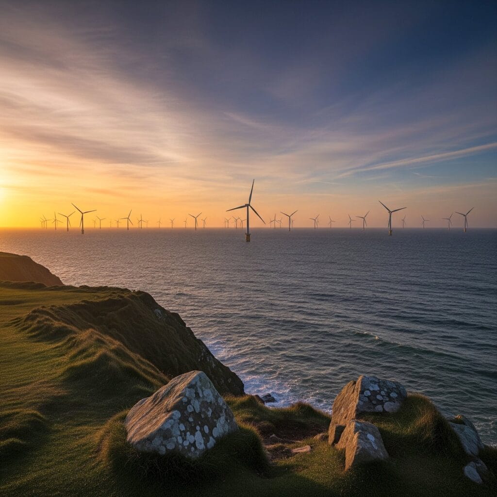 Row of wind turbines off the shore of South Wales at sunset 